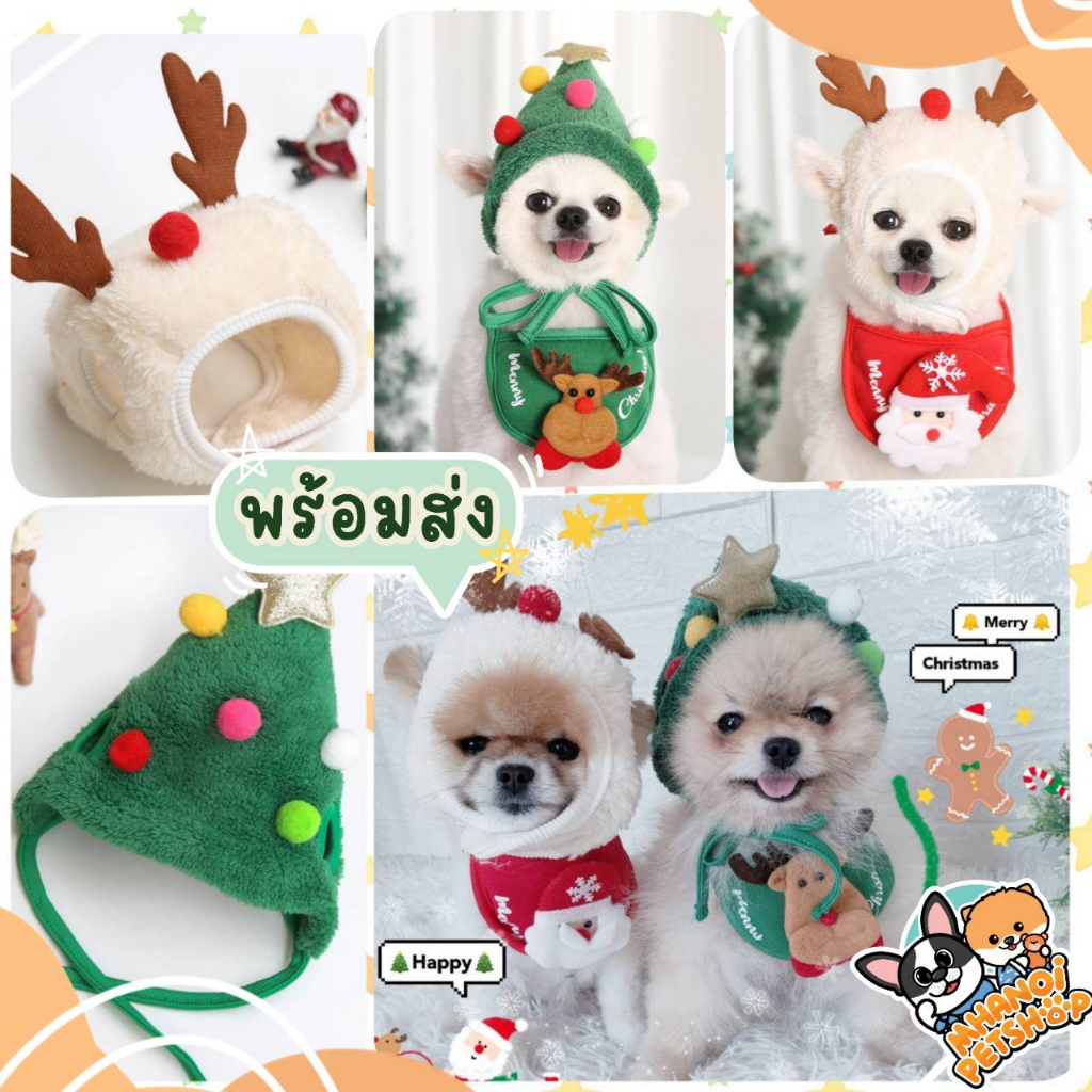 พร้อมส่ง ต้อนรับChristmas หมวกสุนัขคริสต์มาส หมวกแมว เขียวแดง พร้อมปลอกคอ