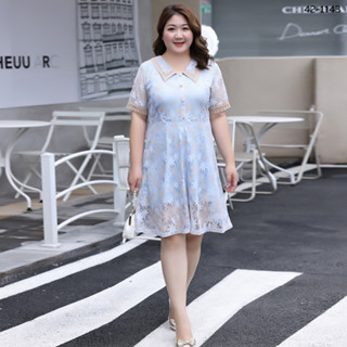 42-1143 เดรสกระโปรงผ้าลูกไม้ สีฟ้า อก 42 -52 นิ้ว