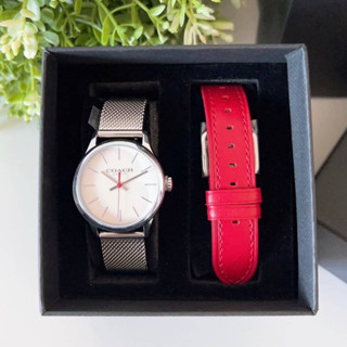 (ผ่อน0%) เซ็ทนาฬิกา Coach CE785 Ruby Watch Gift Set หน้าปัดกลม 32 Mm. สายหนังสีแดง สายสแตนเลสสีเงิน