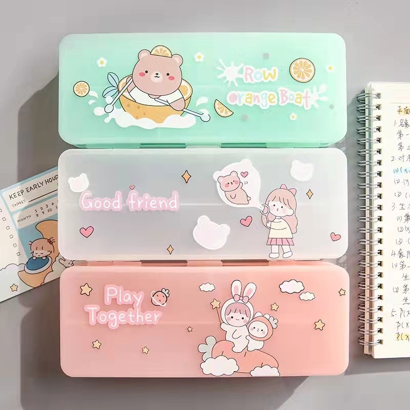พร้อมส่งในกทม. กล่องดินสอใส 2 ชั้นหน้าหลัง กล่องปากกา หน้าหลัง กล่องอเนกประสงค์ pencil case สำหรับนักเรียน เด็กๆชอบ
