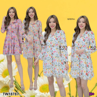 👗Pfashion [ส่งไวมาก🚛]  P18787 มินิเดรสแขนยาว ลายดอกไม้ แต่งลูกไม้ ..