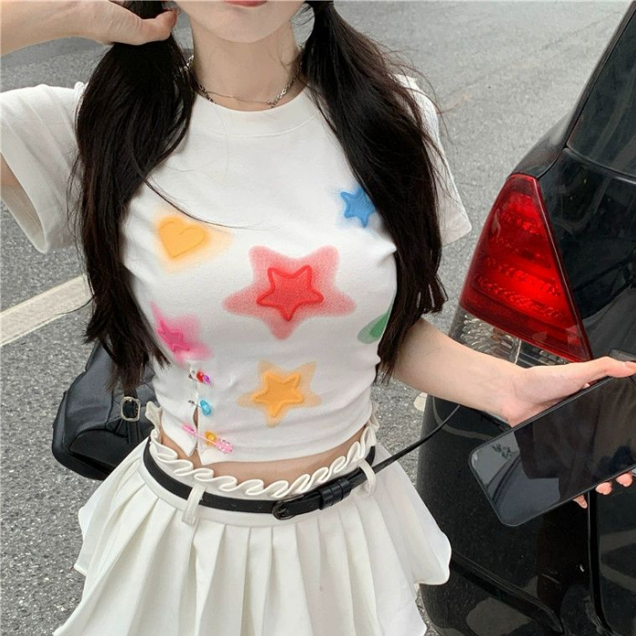 เสื้อครอป เสื้อยืดคอกลม ลายดาว ผ้านิ่้มสบาย ทรงสลิมฟิต #150267