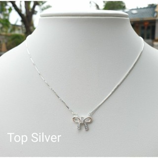Top Silver:สร้อยคอเงินแท้ห้อยจี้No.4ลายโบว์ฝังเพชร เงินแท้925