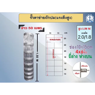 ส่งฟรี‼️ รั้วตาข่ายถักปม ราคาถูก 50 เมตร สูง 1.50m ช่องถี่ล่างห่างบน 4x6 ลวด 2.0 ขายดีสุด🚚