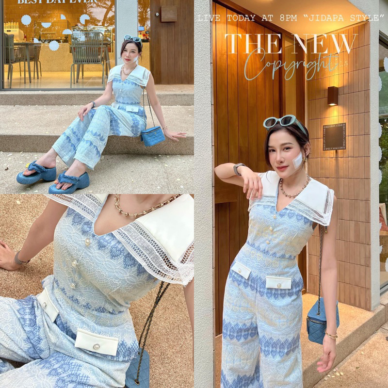 🛒Jidapa style มือ 1 จั๊มยาวคอปกแขนกุดลูกไม้ลายทางฟ้า (XL) 🏷️ ป้าย 📦 ส่งฟรี