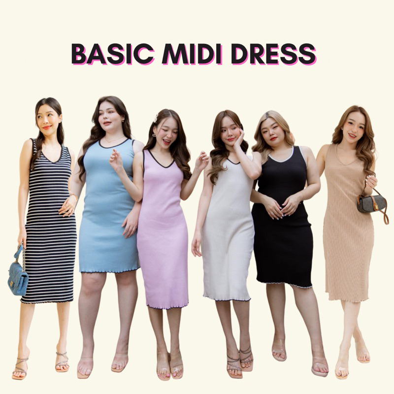 E-tax[เหลือ6xx.-ลด30%เก็บโค้ด"ร้านโค้ดคุ้ม"]Basicnotbasics-basic midi dress เดรสคอวีผ้ายืด