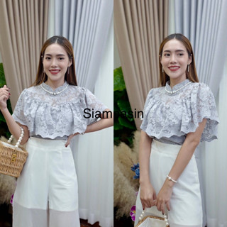 SOF เสื้อลูกไม้ ซิปหลัง อก S M L XL XXL อก 46 47 48 49 50 นิ้ว สีเทา แขนสั้นระบายรอบอก รุ่นนางฟ้า Blouse