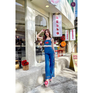 Code : M8 Boniga เสื้อผ้าผู้หญิง ชุดเซ็ต เสื้อสายเดี่ยว+กางเกงขายาว ผ้ายีนส์ สำหรับผู้หญิง ไซส์ S-L