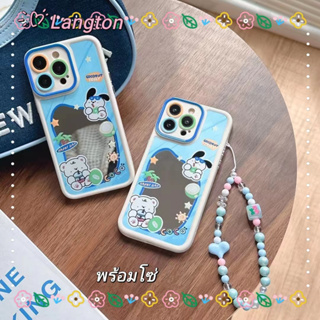 🌈Langton🌸สไตล์สร้อยข้อมือ การ์ตูน ลูกสุนัข พื้นผิวกระจก iphone 11 14pro max ป้องกันการหล่น สีฟ้า case for iPhone 12 13