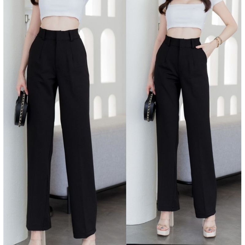 กางเกงเอวสูงขากระบอกเนื้อผ้าโรเชฟ#12