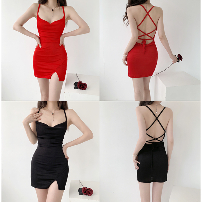 607 เดรสสั้น สายเดี่ยว มี2สี ผูกหลัง  เดรสน่ารักหวาน เซ็กซี่ สไตล์ฝรั่งเศส
