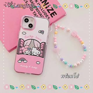 🌈Langton🌸สไตล์สร้อยข้อมือ ป้องกันการหล่น iphone 11 14 pro max สีชมพู การ์ตูน Hello Kitty น่ารัก case for iPhone 12 13