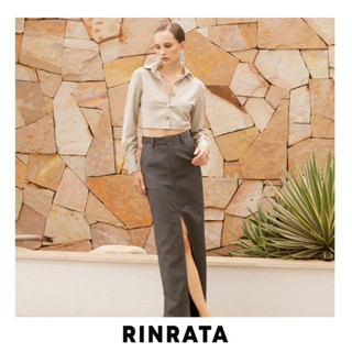 RINRATA - Braya Skirt กระโปรงยาว ทรงตรง ผ้าคอตต้อน สีเทาเข้ม อย่างดี ทรงสวย ผ่ากลางหน้า