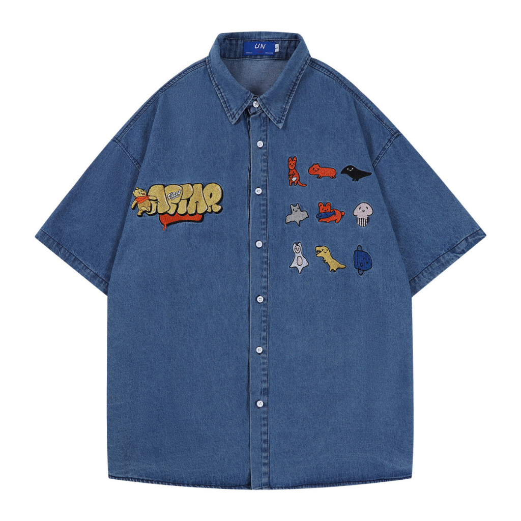 เสื้อเชิ้ตยีนส์งานปักลายการ์ตูนพรีเมียม Premium Cute Cartoon Jean Shirt Style