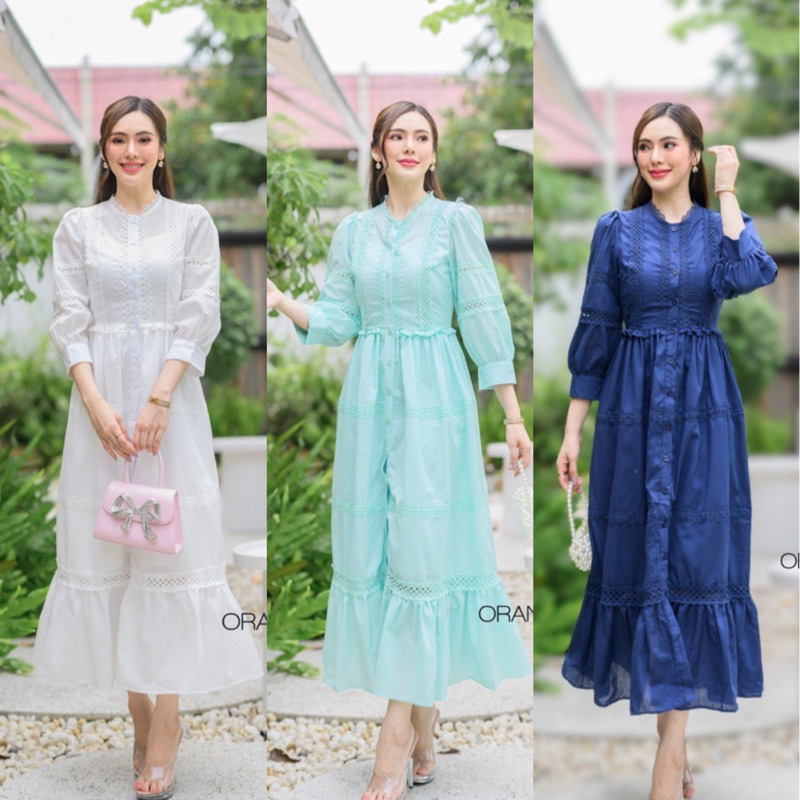 🧡พร้อมส่ง M-2XL🧡ป้าย Orange Juice💕เดรสยาว กระดุมหน้า สีขาว เขียวมินต์ กรมท่า