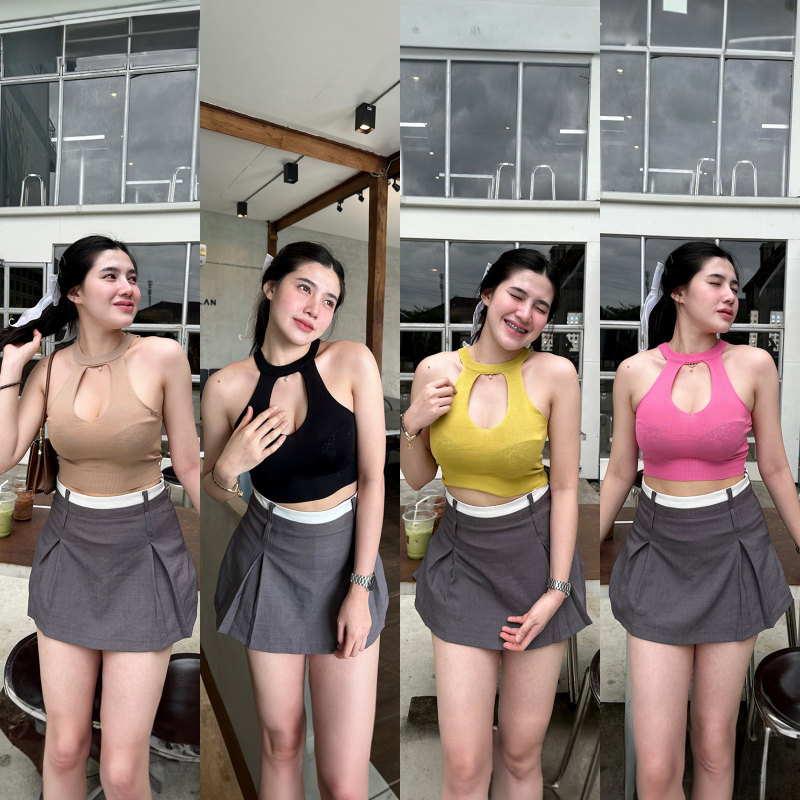 SpinnyHouse ครอปท๊อปแขนกุด ทรงโชว์เนิน ผ้าไหมพรม ยืดเยอะ รุ่น ฉลาม B-029-3-A