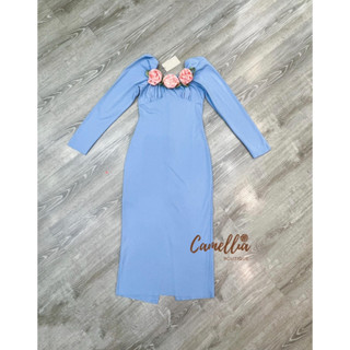 Camelia:Maxidress ผ้ายืดแขนยาวสีฟ้า(*รบกวนเช็คสต๊อกก่อนกดสั่งซื้อ)