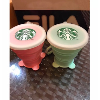 ✅[ส่งเร็ว]Starbucks แก้วซิลิโคนพับได้ สีชมพูกับสีเขียว แพ็ค 2 ใบ