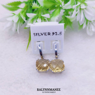 L6463 ต่างหูพลอยซิทรีนแท้ ( Citrine ) แบบอิงลิชล็อค ตัวเรือนเงินแท้ 925 ชุบทองคำขาว