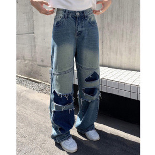 กางเกงทรงกระบอกผู้ชาย distressed ripped jeans