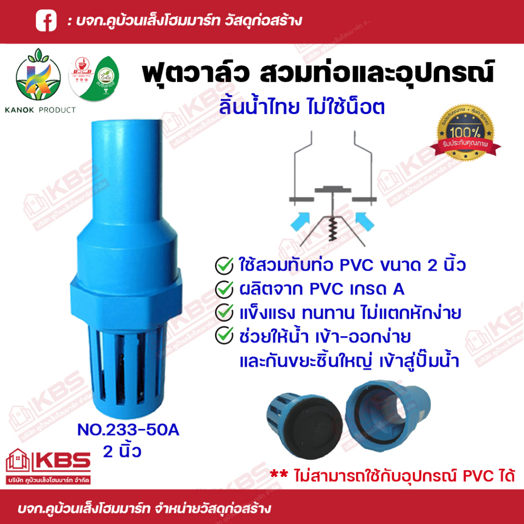 KANOK หัวดูดน้ำ ฟุตวาล์วลิ้นน้ำไทย สวมท่อและอุปกรณ์ ไม่ใช้น็อต NO.233 ทับท่อ PVC ขนาด 2 นิ้ว