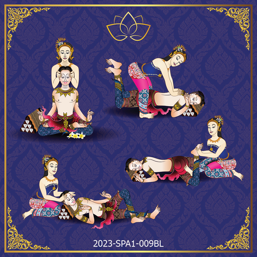 ภาพสติ๊กเกอร์ การ์ตูนนวด กรอบลายไทย [2023-SPA1-009] แต่งร้านสปาไทย  ร้านนวดแผนไทย มีกาวในตัว