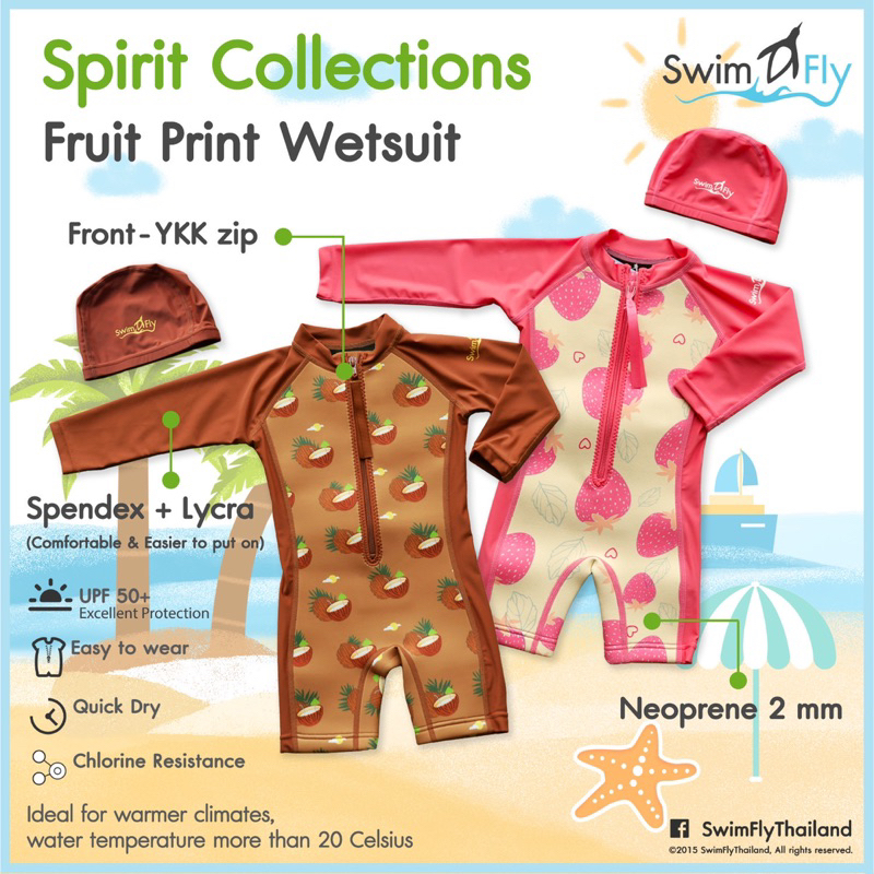 SwimFly ชุดว่ายน้ำรักษาอุณหภูมิ แบบแขนยาว+หมวกว่ายน้ำ รุ่น Spirit, Fruit Design (ลายใหม่ซิปหน้า)