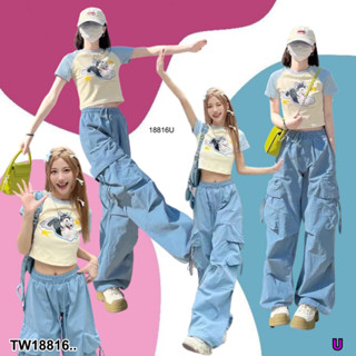 TwinsShopVip💗พร้อมส่ง TW18816 set 2 ชิ้น เสื้อครอป ลายน้องหมา + กางเกงขายาว ..