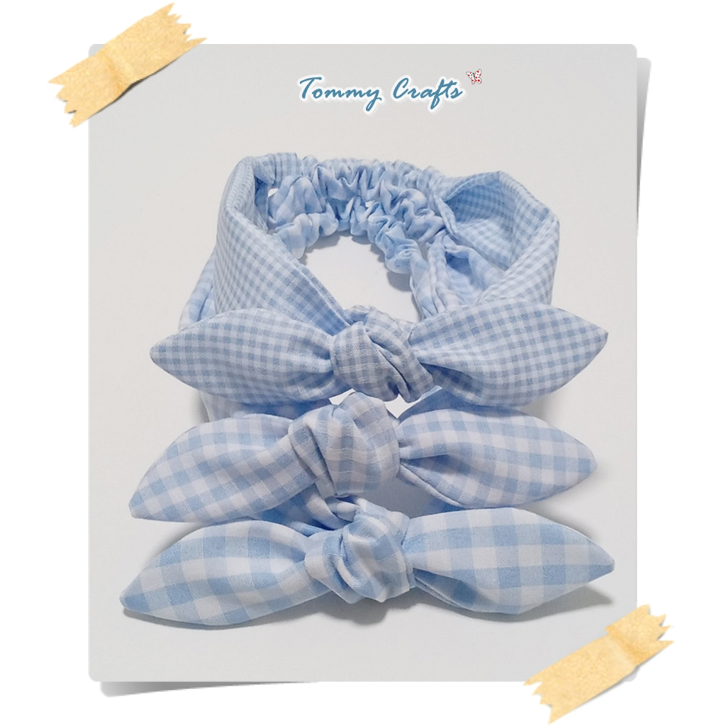 Tommy Crafts ผ้าคาดผมโบว์ผ้าคอตตอน Oxford สีฟ้า ลายตาราง ใหญ่/กลาง/เล็ก ไซส์เด็ก/ไซส์ ผู้ใหญ่  Cotton Hairbands