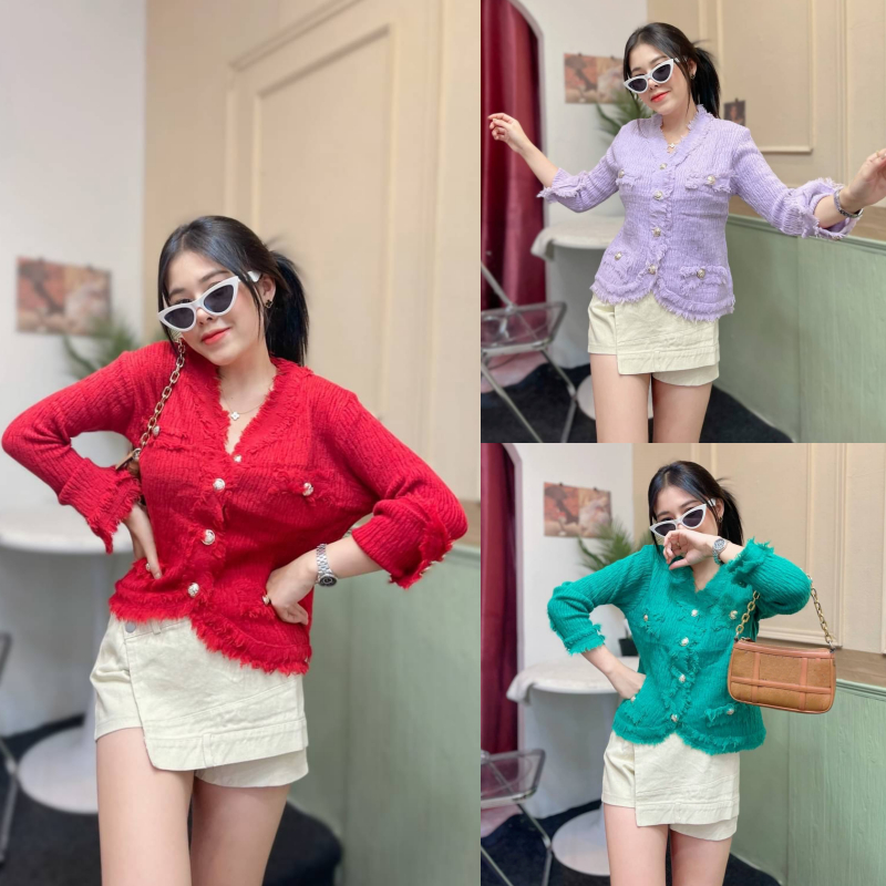 SpinnyHouse เสื้อคลุุม ผ้าไหมพรมเนื้อหนา ทรงคอวี กระดุมใช้ได้จริง ทรงนี้ดูเรียบหรูดูแพงม้าก ลุคคุณหนูสุด รุ่น จ่ำม่