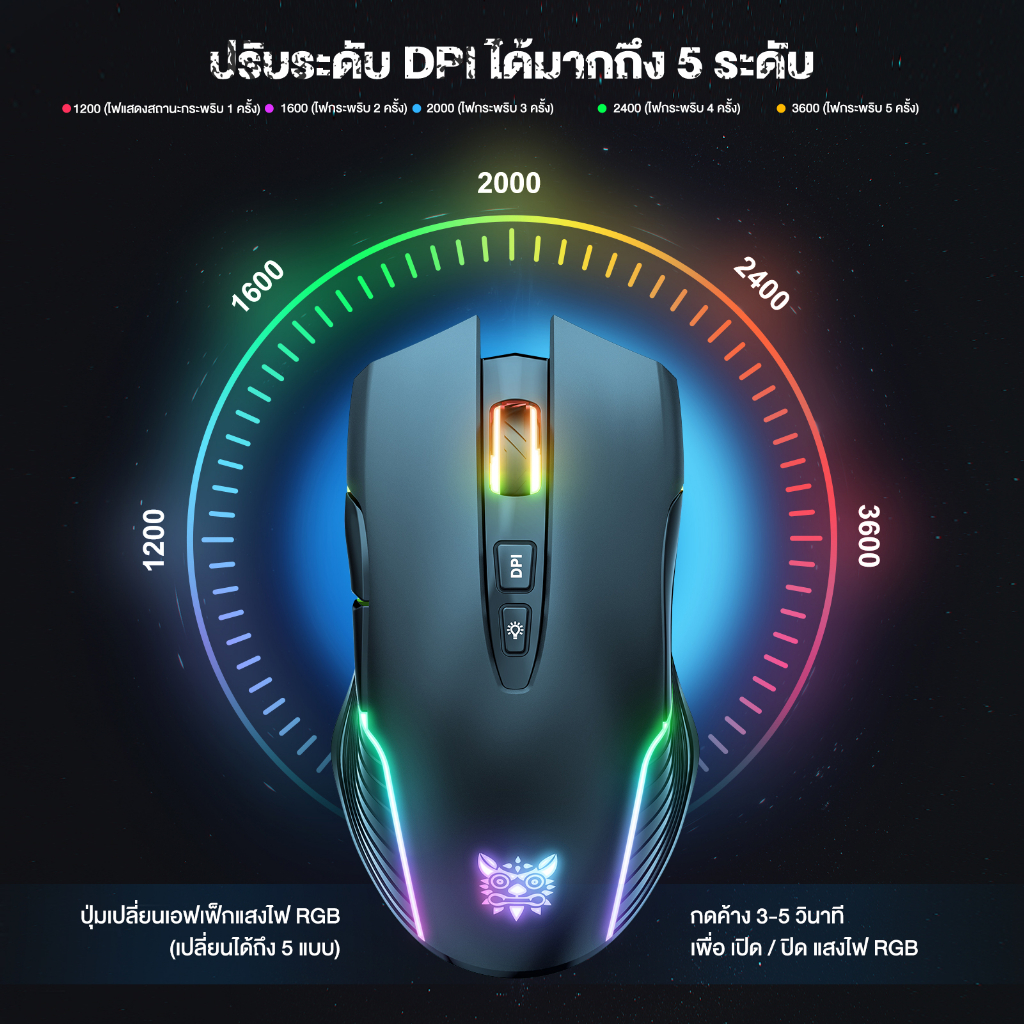 ONIKUMA Mizu 2.4G Wireless Gaming Mouse เม้าส์เกมมิ่ง เม้าส์ไร้สาย ออฟติคอลเซ็นเซอร์ 3600 DPI แสงไฟ RGB #Qoomart