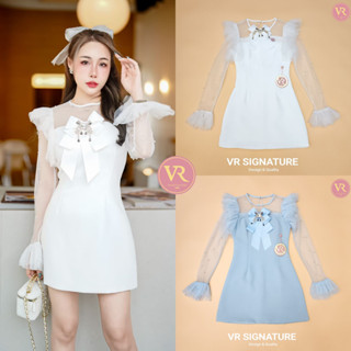 Vr Dress สั้น แขนยาวแต่งจับจีบระบายชายแขนเสื้อและช่วงไหล่ ใช้ผ้าซีทรูปักไข่มุกสวยมากค่ะ