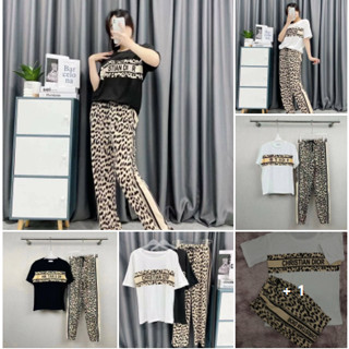 ชุดเซ็ทผู้หญิงเสื้อแขนสั้น กางเกงขายาวลายเสือ ใส่เที่ยว ใส่อยู่บ้าน ผ้าคอตตอน นิ่ม ใส่สบาย มี 2 สี: ดำ ขาว