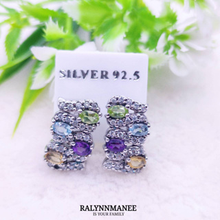 T6431 ต่างหูรวมพลอยแท้ ( Amethyst,Peridot,Topaz,Citrine ) แบบอิงลิชล็อค ตัวเรือนเงินแท้ 925 ชุบทองคำขาว