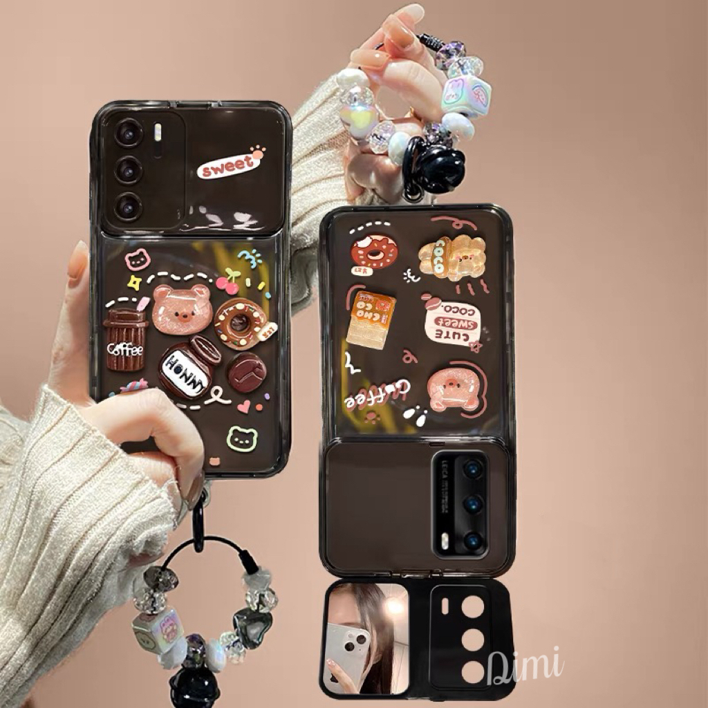 เคสกระจกตั้งได้ ลายหมีกาแฟ เคสกระจก OPPO A15 A5 A53 A5S A78 A31 RENO5 RENO6 RENO7Z 8Z RENO8T VIVO V2