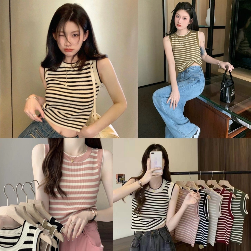 พร้อมส่ง เสื้อกล้ามไหมพรมลายทาง สีสดใสแนบไปกับตัวเก๋ๆ