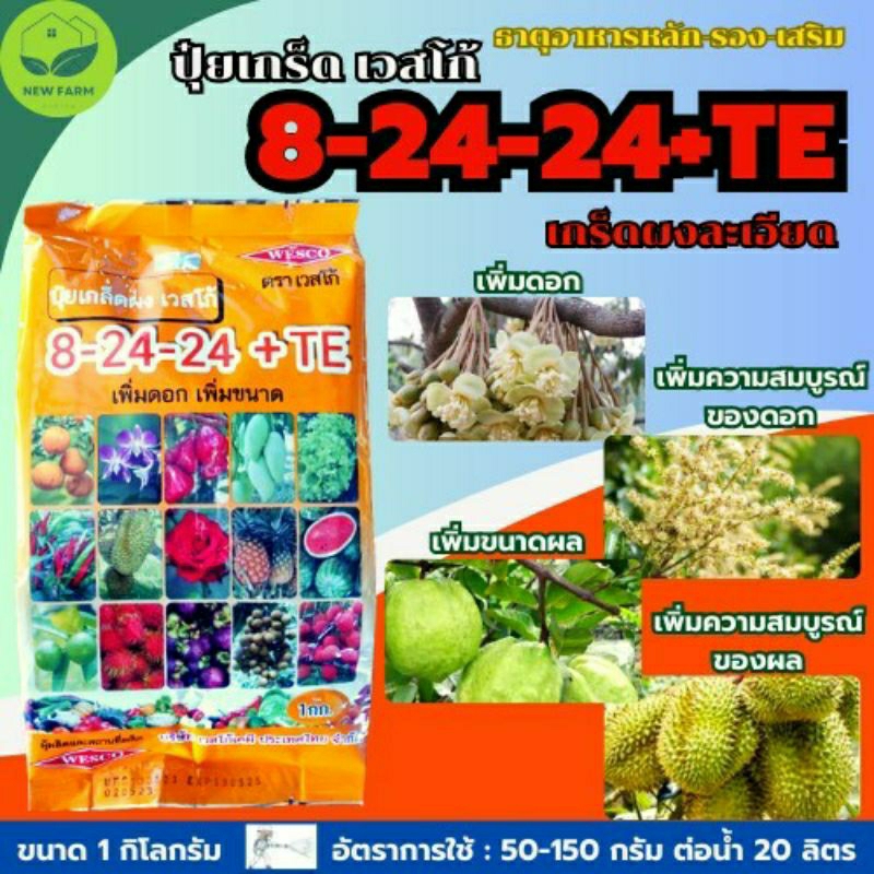 ปุ๋ยเกร็ด 8-24-24+TE เวสโก้ ปุ๋ยพ่นทางใบ สูตรเพิ่มดอก เพิ่มขนาด บรรจุ 1 กิโลกรัม
