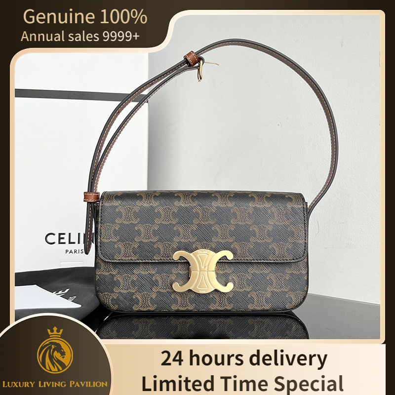 👜ซื้อในฝรั่งเศส ใหม่ Celine  TRIOMPHE SHOULDER BAG IN TRIOMPHE CANVAS AND CALFSKIN TAN กระเป๋าแฟชั่น