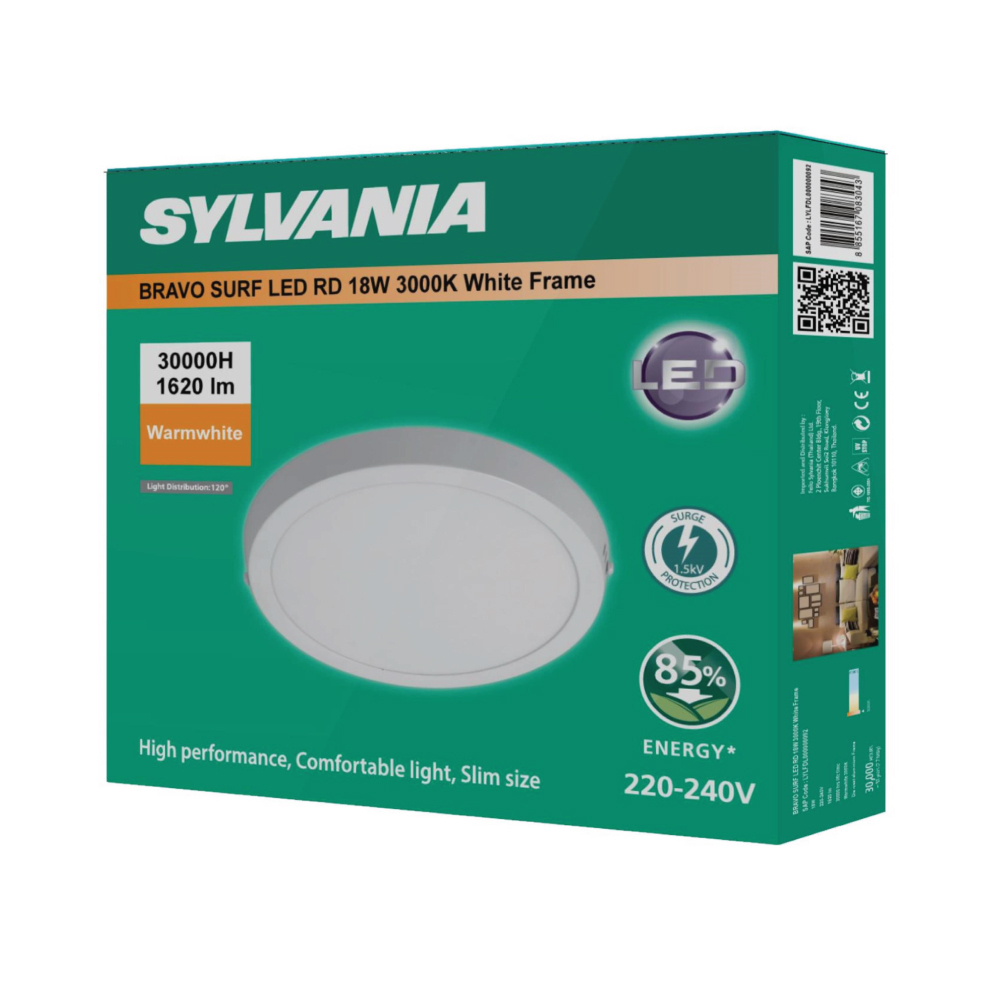 SYLVANIA โคมไฟดาวน์ไลท์ติดลอย รุ่น BRAVO SURF LED RD 18W 3000K White Frame หน้ากลม) ขอบขาว แสงวอร์มไวท์