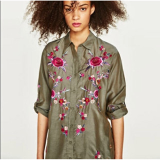 ZARA x cotton x Dress shirt ปักทั้งตัวหน้าหลัง สีน้ำตาลหายาก ❌Tag ตัด อก 46 ยาว 27/33 Code: 1181(7)