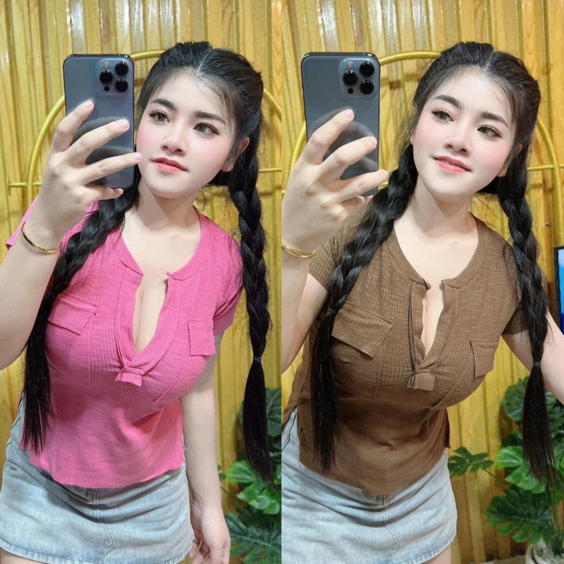 เสื้อยืดผ้าสลาฟ คอวีกระเป๋าคู่* สุดเก๋ ป้ายAngel Style #พร้อมส่ง