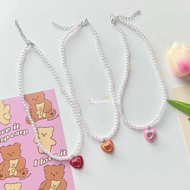 ꒰พร้อมส่ง꒱ ♡ Mini heart necklace | สร้อยมุก จี้ดินปั้นหัวใจ | สร้อยลูกปัดมุก🗝