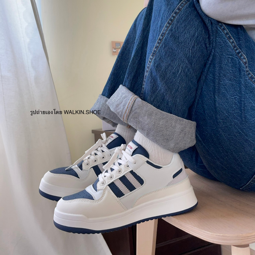 (พร้อมส่งจากไทย) (เบอร์ 35-44) สี NAVY BLUE แบรนด์ MISTERY รองเท้าผ้าใบหนังนิ่ม สูง 3 ซม. รุ่น CLOUD