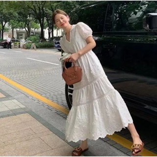 ✨ป้ายWGWE✨ Long White Floral Dress เดรสยาวแขนตุ๊กตาปักลูกไม้ฉลุซับในทั้งตัว