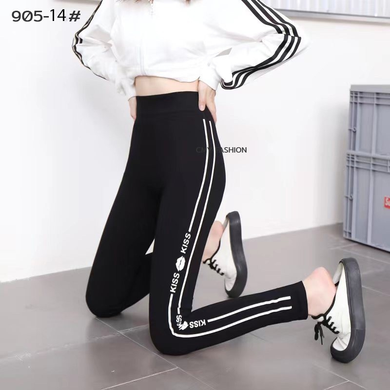 กางเกงเลกกิ้ง ขาวยาว ดำล้วน ดำแถบข้าง ผ้าทอ คอตตอนผสมสเปนเด็กซ์ ทรงรัดรูป ยืดตามรูปร่าง k004-905# - รูปที่ 4