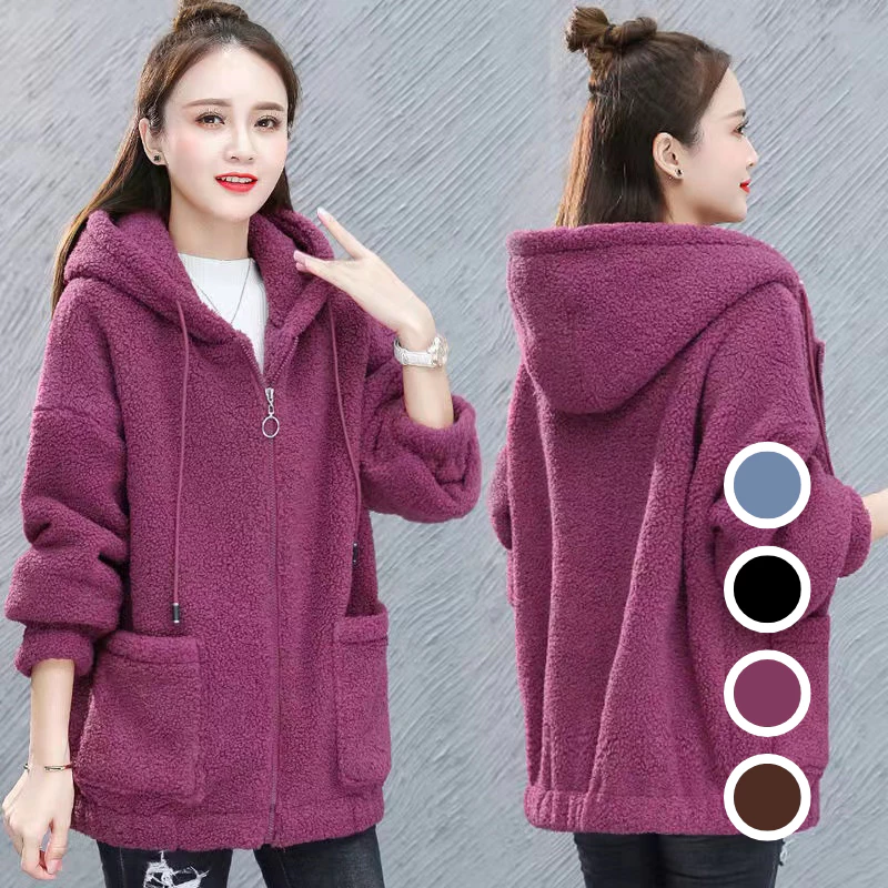 เสื้อกันหนาวผู้หญิงมีฮู้ด สีพื้น มีกระเป๋าด้านหน้า ผ้าสำลี ทรงใหญ่ หลวมใส่สบาย สไตล์เกาหลี มี 6 สีให้เลือก