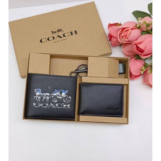 เซ็ทกระเป๋าสตางค์ชาย NEW COACH 3in1 Carriage Logo Leather ID Wallet with Keychain