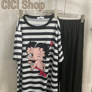 Cicishop(01) ชุดset เสื้อยืดลายทาง+กางเกงสีพื้น สุดคิ้วท์ ผ้าดีใส่สบาย