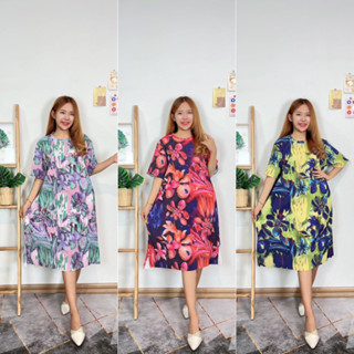 Fashion pleat dress premium b250 แฟชั่นชุดอัดพลีท แฟชั่นสาวอวบ เดรสพิมพ์ลายยืดFreesize