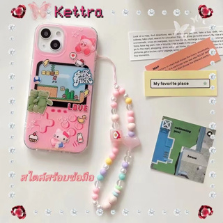 💜Kettra💜สไตล์สร้อยข้อมือ สีชมพู การ์ตูน Hello Kitty iPhone 11 14 pro max ป้องกันการหล่น ขอบเต็ม case for iPhone 12 13